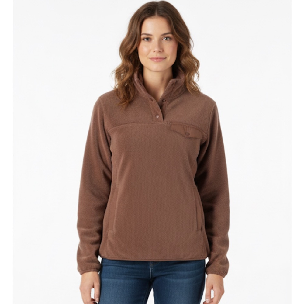 32 DEGREES Mock Neck Quarter Snap Button Fleece Jacket, Women’s M, Brown